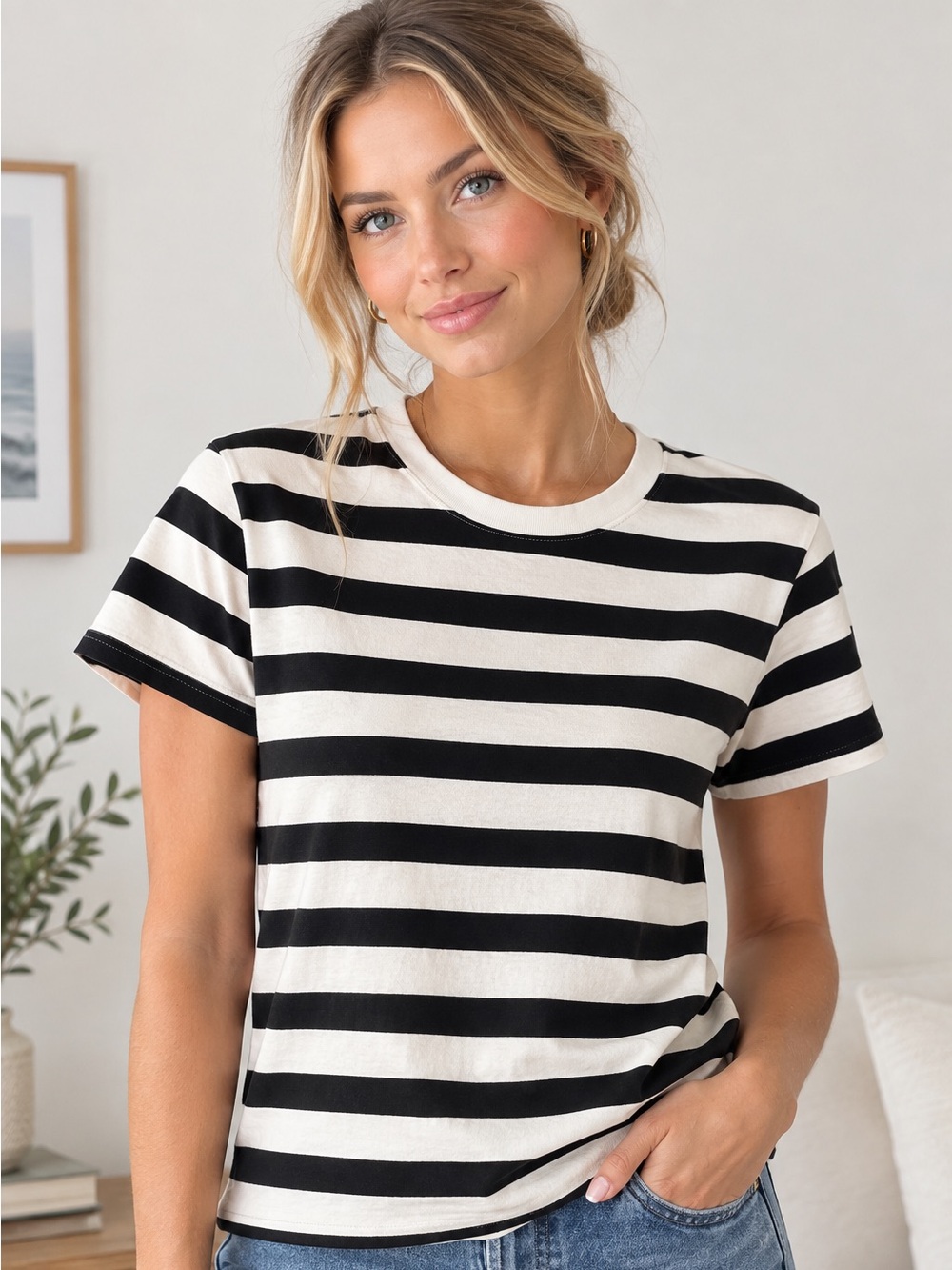 H&M Black & White Striped Short Sleeve Tee